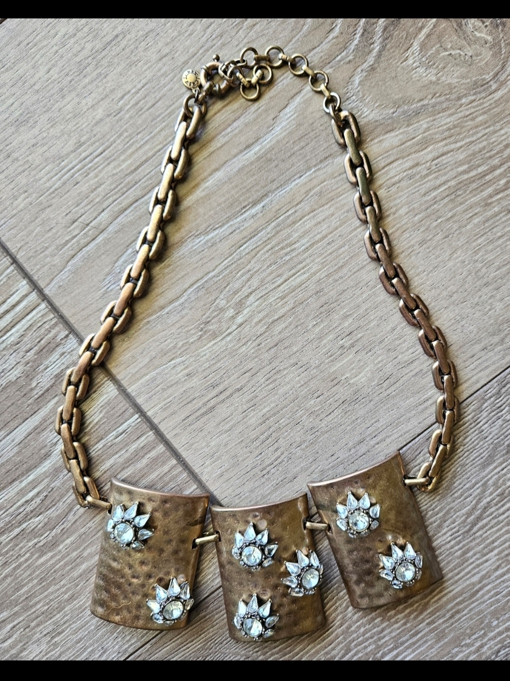 J. Crew Brass Hammered Panel Necklace with Clear Crystal Accents